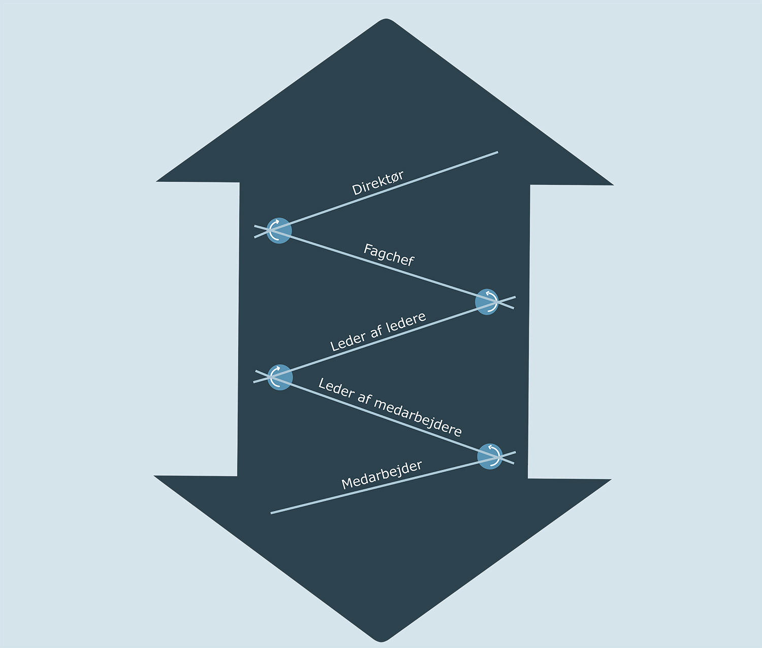 Oversigt over lederniveau udvikling fra medarbejder til leder af medarbejdere til leder af ledere til fagchef til direktion.
