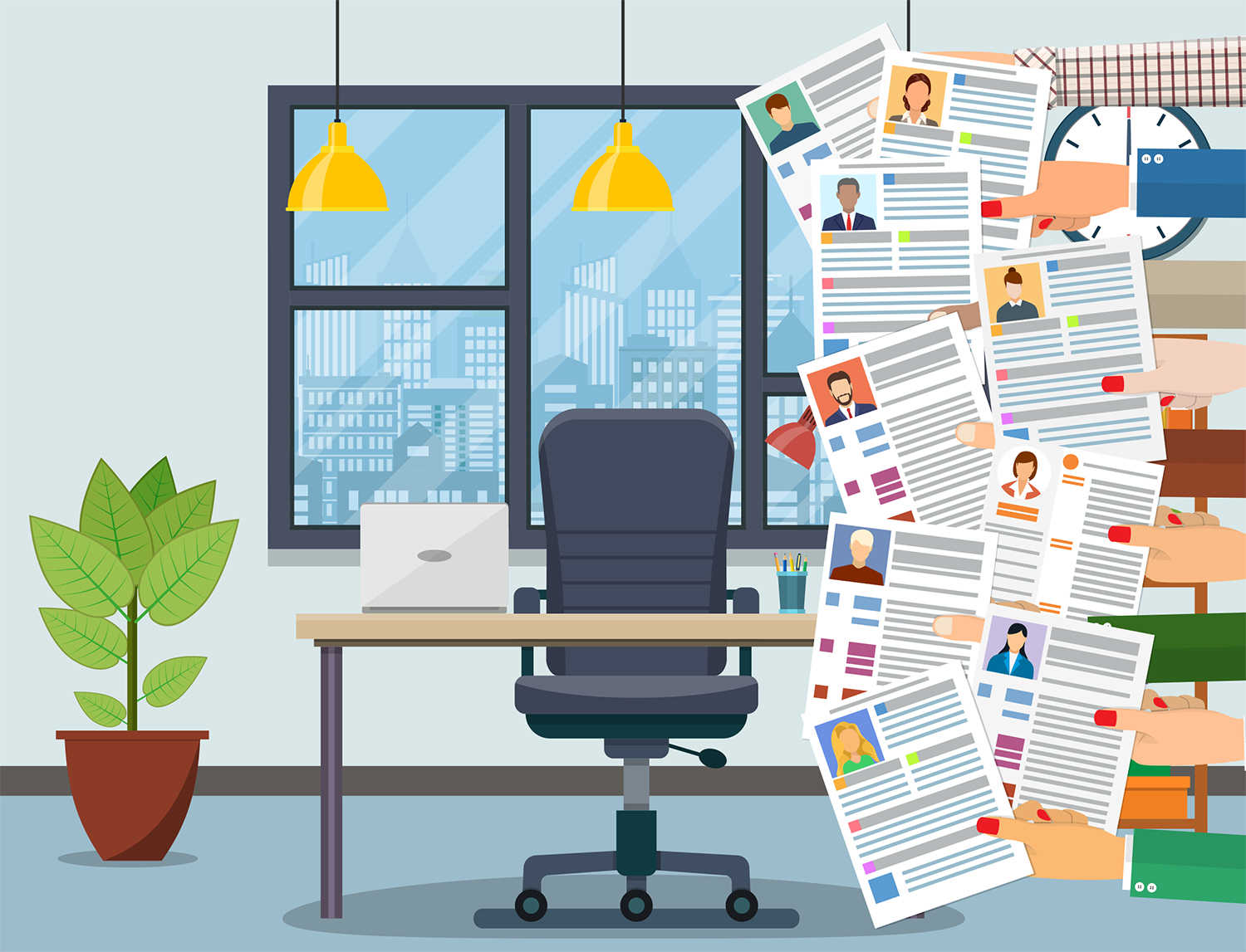 Billede der viser en tom stol og en mange hænder der står med en ansøgning om at få den stol