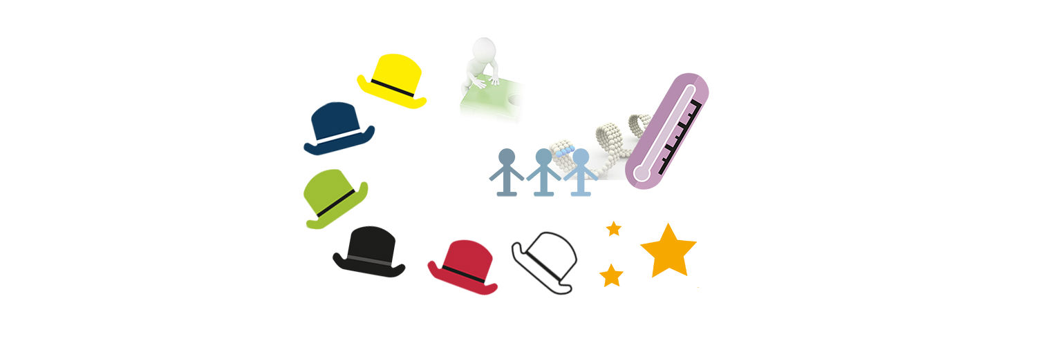 De forskellige illustrationer der benyttes i forbindelse med Tønder Kommunes leveregler. Tænkehatte, det levende termometer, stjerner, fælles løsninger