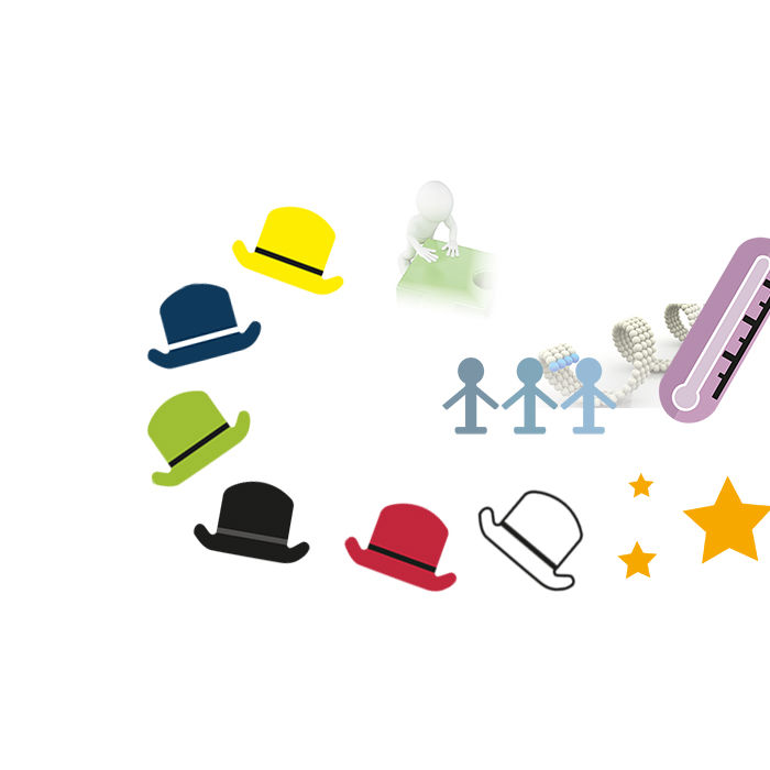 De forskellige illustrationer der benyttes i forbindelse med Tønder Kommunes leveregler. Tænkehatte, det levende termometer, stjerner, fælles løsninger