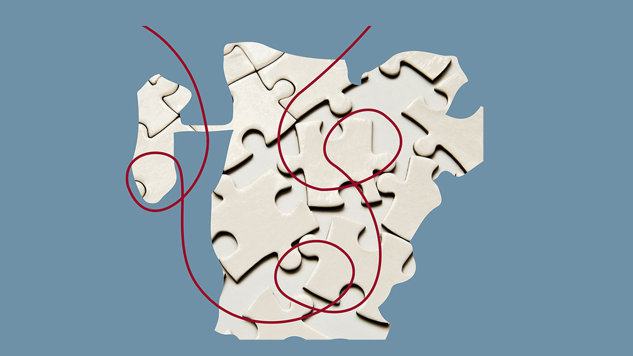 Illustration der viser et omrids af Tønder Kommune med en rød tråd omkring